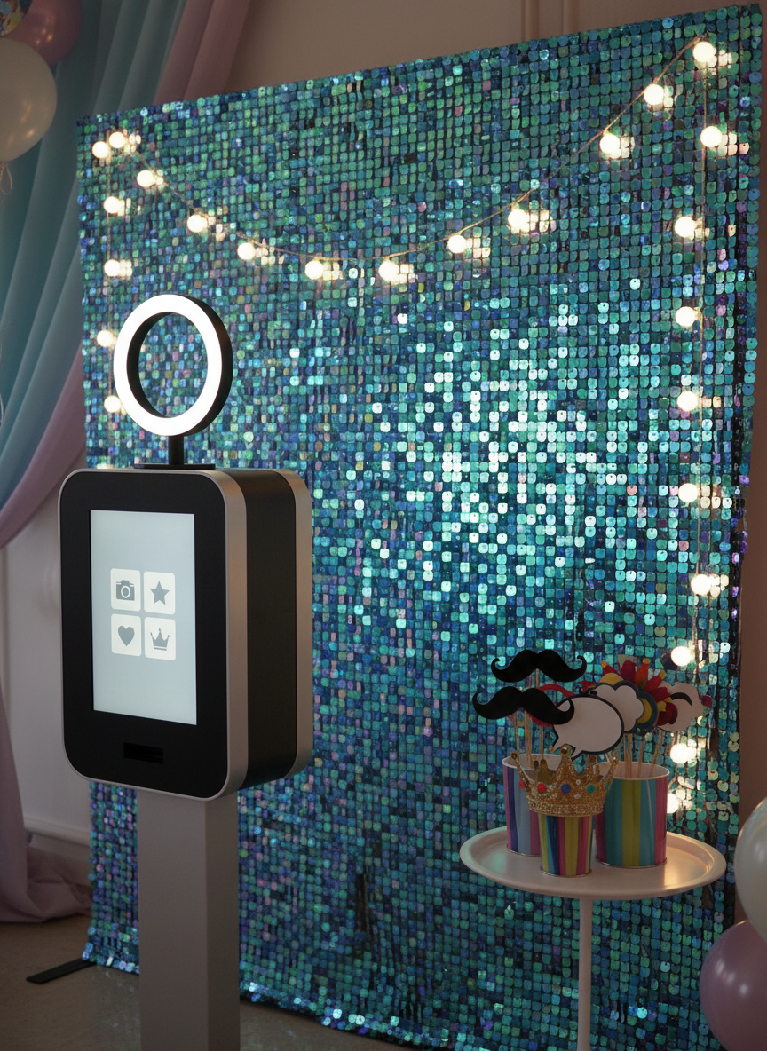 A compact but eye‑catching photo booth corner in photographic realism, set up in a cozy party space with a shimmering sequin backdrop in iridescent teal and purple. In front, a slim, modern photo kiosk with a glowing circular light ring faces the backdrop, its screen displaying simple icon‑based layouts with no text. A small white side table holds whimsical prop shapes like oversized mustaches, crowns, and speech bubbles, all on sticks and arranged in cheerful containers. String lights drape overhead, casting warm twinkling reflections on the sequins and creating soft, playful shadows. Captured from a three‑quarter angle at eye level, with the backdrop in sharp focus and surrounding room gently blurred, the mood is fun, inviting, and perfect for kids’ parties and celebrations.
