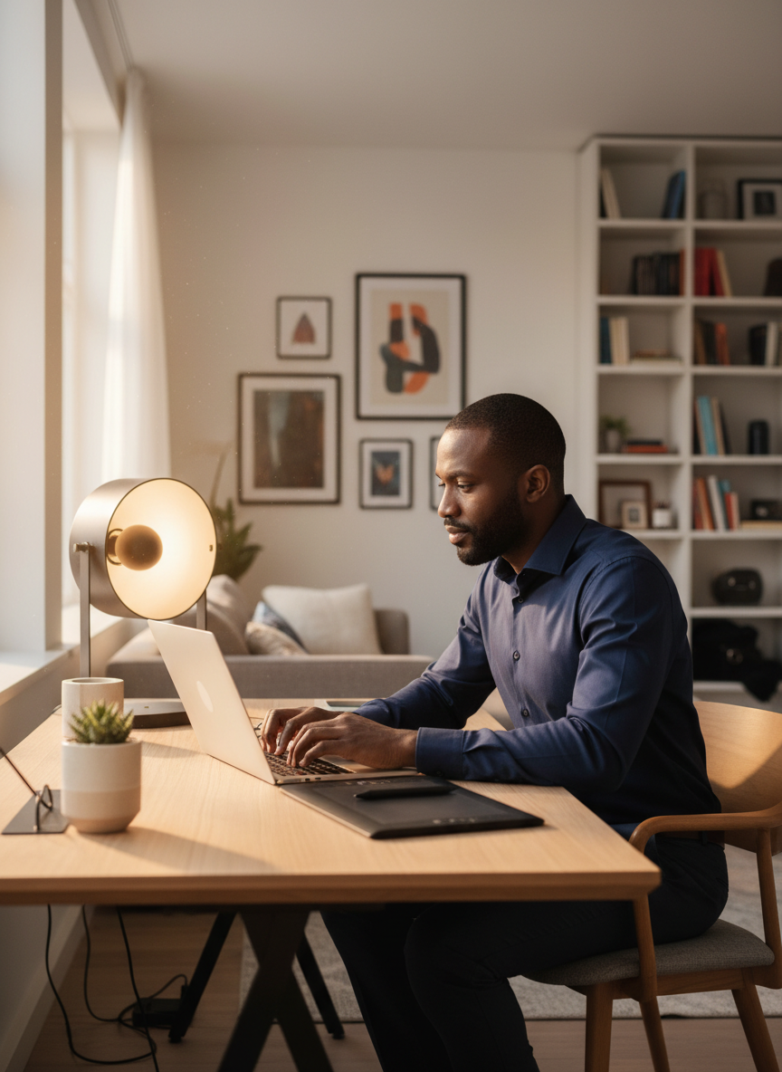 A Black man sitting at a modern desk working on a laptop computer, professional and creative workspace, warm natural lighting, focused and engaged expression, photorealistic style