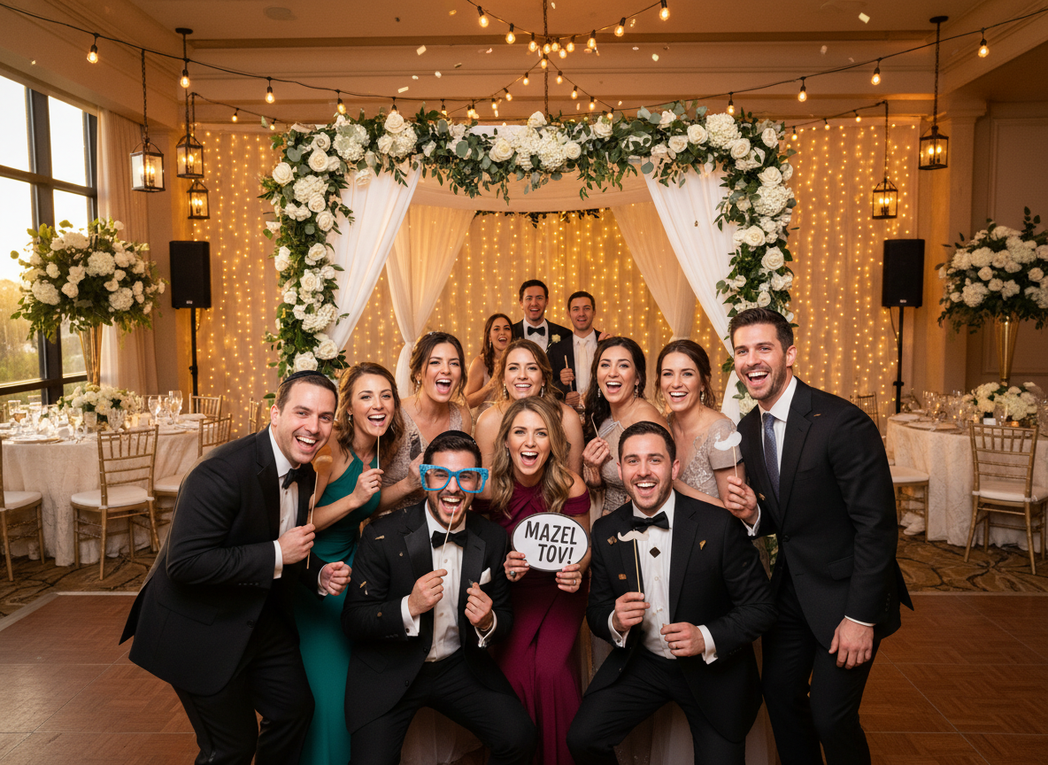 A joyful Jewish wedding reception with guests celebrating at a photo booth. Guests are dressed in elegant formal attire, some wearing kippot. The scene shows people laughing and posing with fun props like oversized glasses and signs. A chuppah and floral arrangements visible in the background. Warm, festive atmosphere with beautiful lighting.