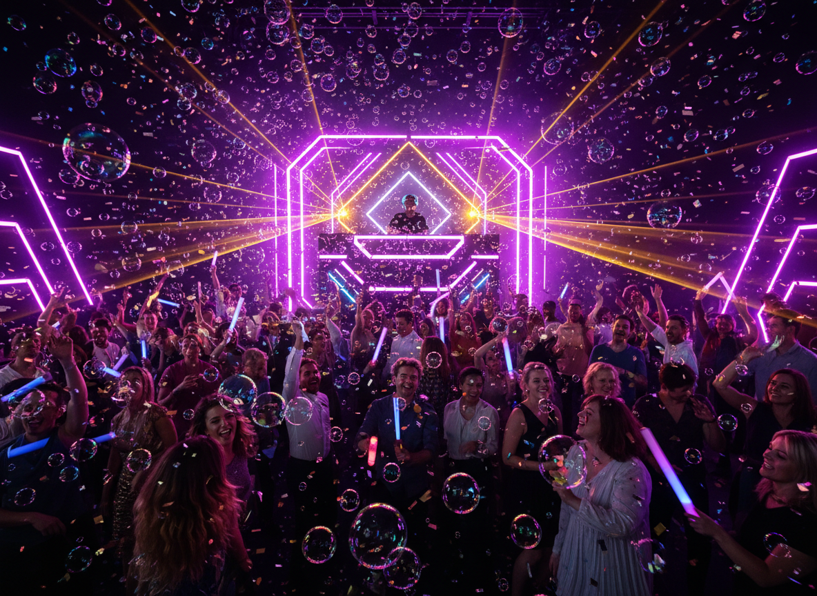 A vibrant, energetic adult rave party scene with colorful soap bubbles floating everywhere, neon lights in purple, pink, and gold, adults dancing with glow sticks, confetti raining down, DJ booth in the background, people having a great time, dark purple and black background with bright neon accents, photorealistic, high energy party atmosphere